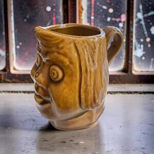 Vintage Small Character Face Mug Brown Glazed Folk Art Pottery Pitcher